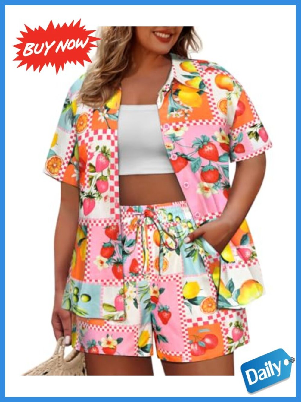 Plus Size 2 Piece Short Set Button Short Sleeve Loose Fit Vacation Beach